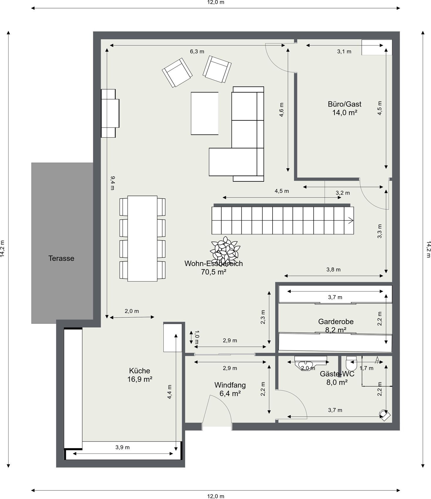 Grundriss eines Hauses: Offener Wohn-Essbereich mit Möbeln, Küche, Gäste-WC, Büro/Gast, Terrasse