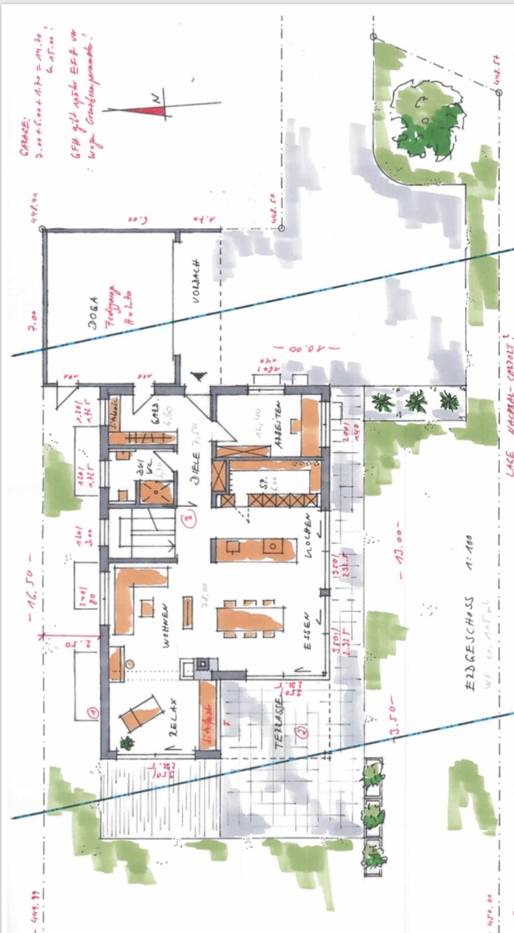 Skizzenhafter Grundriss eines Hauses mit Wohn- und Essbereich, Küche, Flur und Garten.
