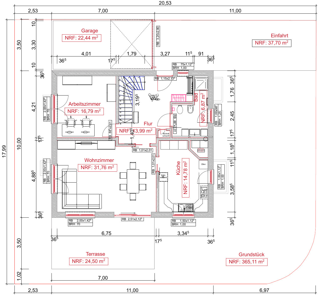 Grundriss eines Hauses mit Wohnzimmer, Arbeitszimmer, Küche, Bad, Flur, Terrasse, Garage.