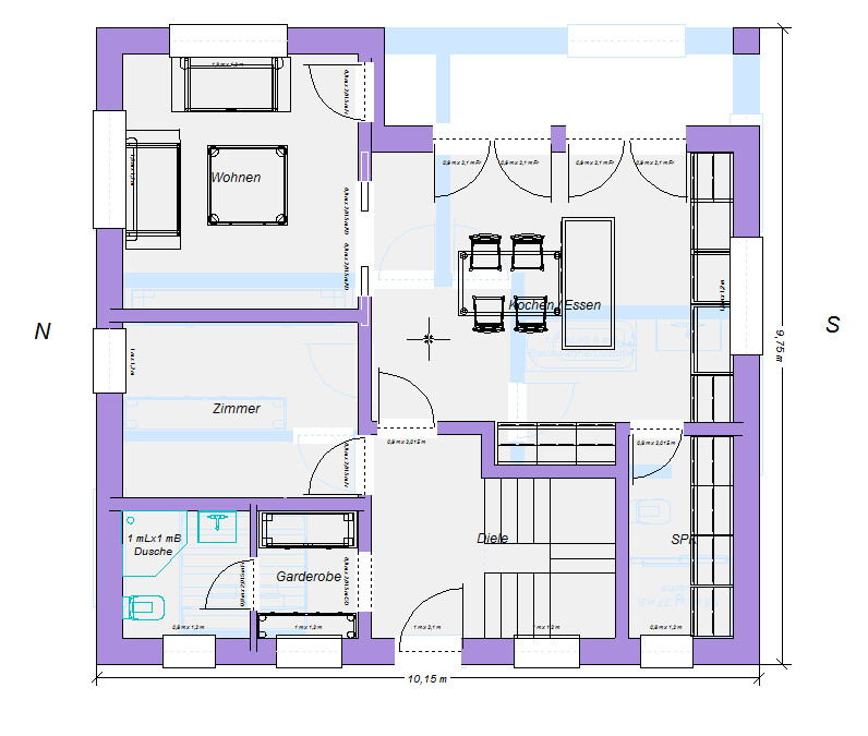 Grundriss eines Hauses: Wohnzimmer, Küche/Essen, Zimmer, Garderobe, Diele, Dusche.