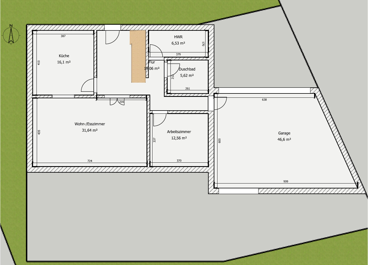 2D Grundrissplan eines Hauses mit Küche, Wohnzimmer, Arbeitszimmer und Garage