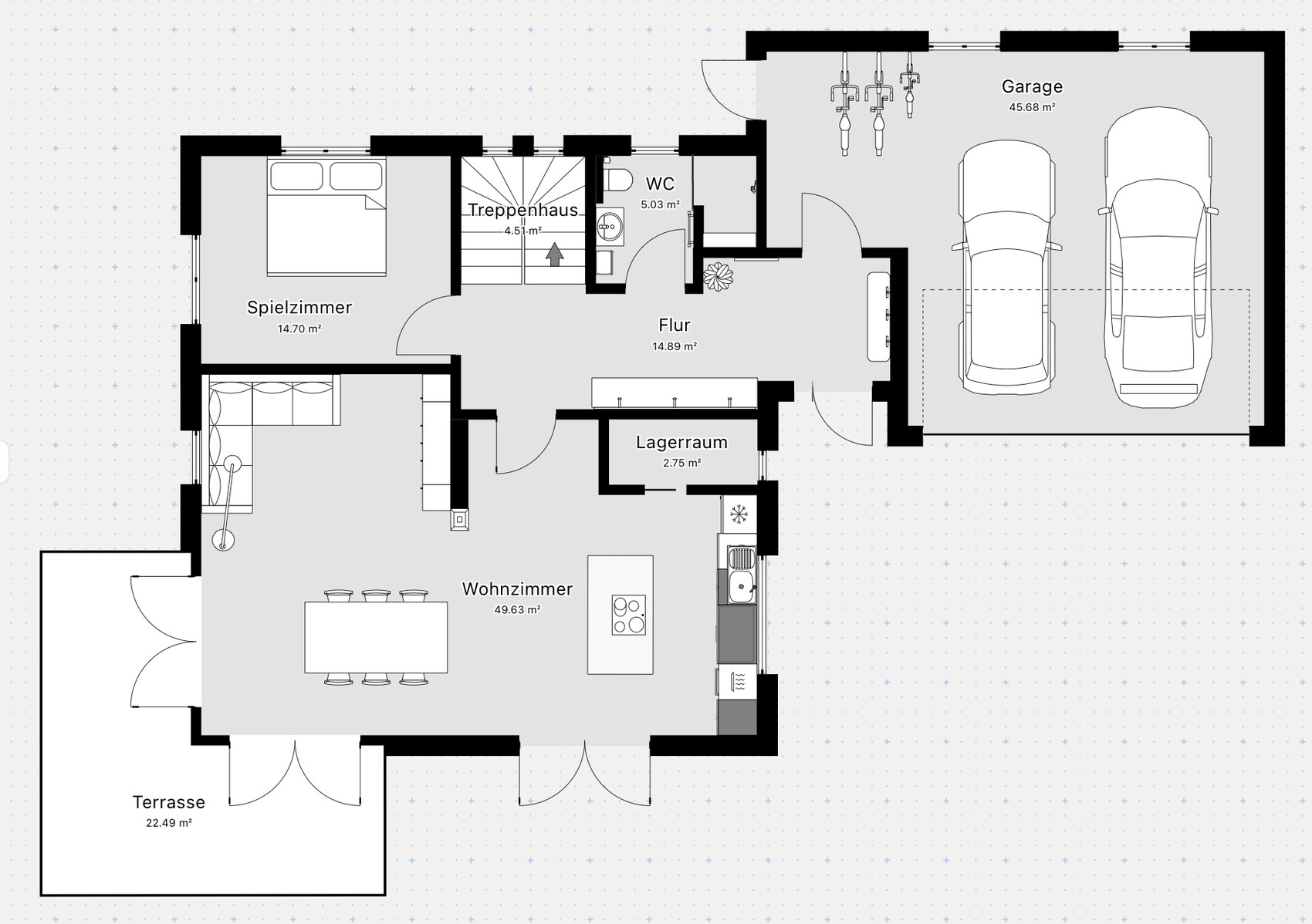 2D-Grundriss eines Einfamilienhauses mit Wohnzimmer, Küche, Terrasse und Garage