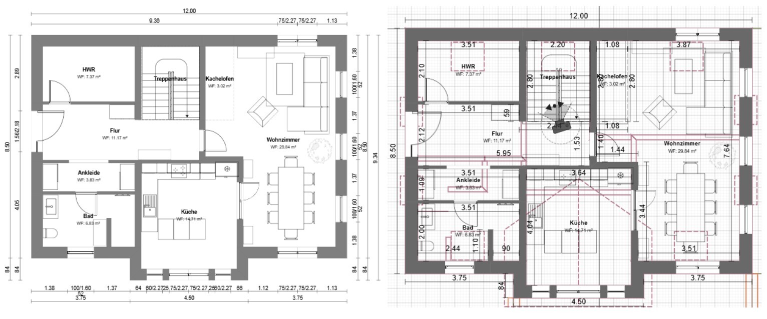 Zwei Grundrisspläne eines Hauses mit Wohnzimmer, Küche, Bad, Flur und Treppen.