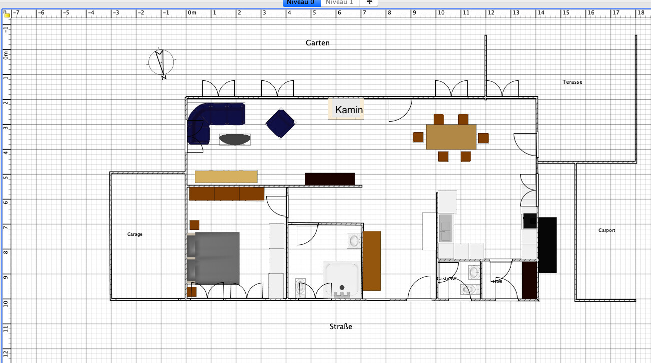 Grundriss eines Hauses: Wohnzimmer, Küche, Schlafzimmer, Bad, Kamin, Garage, Terrasse, Garten.