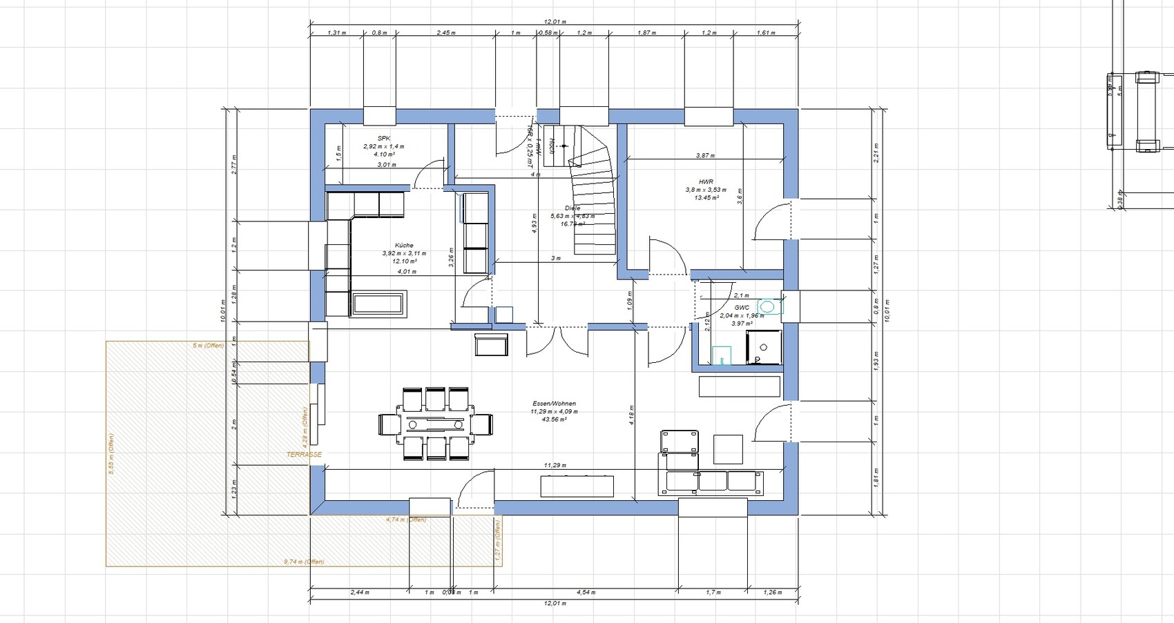 Grundriss eines Hauses: Küche, Essen/Wohnen, HWR, Diele, Bad, WC und Terrasse.