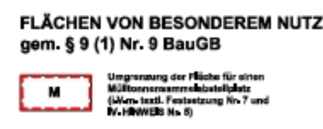 Dokumentenetikett mit rotem Rand und M-Zeichen, Textblöcke zur Flächenbeschreibung