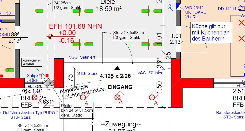 2D Grundrissplan eines Hauses mit Eingang, Wänden, Sturz und Küchenbereich