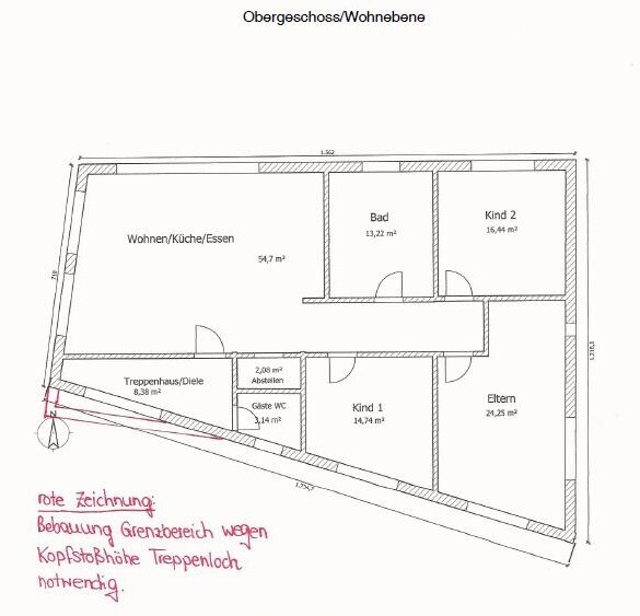 Grundriss des Obergeschosses: Wohnzimmer/Küche/Essen, Bad, Eltern- und Kinderräume, Treppenhaus