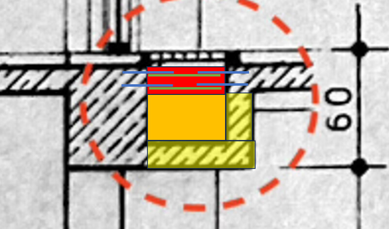Technischer Grundrissabschnitt mit farbig markierten Bauteilbereichen und rotem Kreis