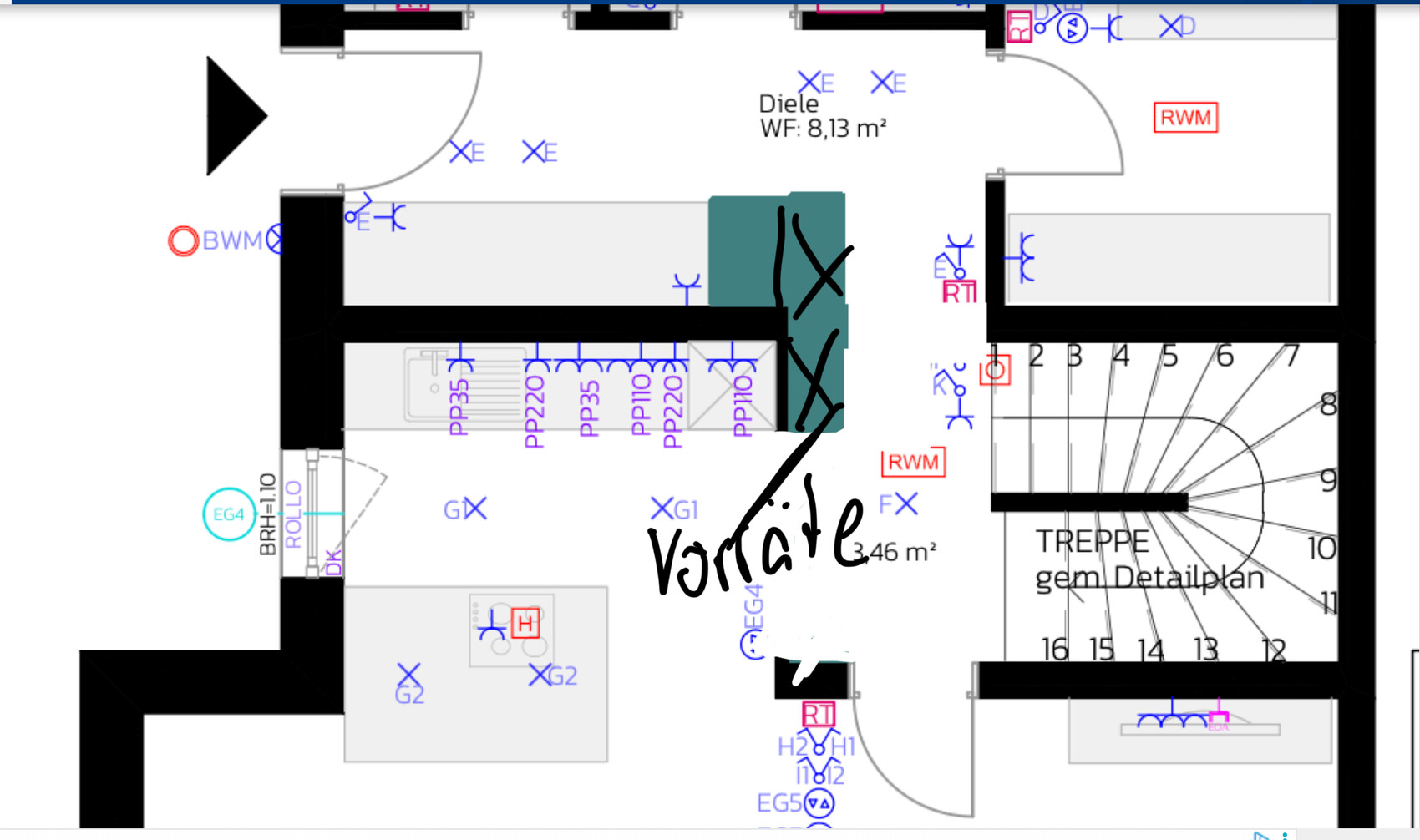 Grundriss eines Hausplans mit Treppen, Türen und Räumen gekennzeichnet