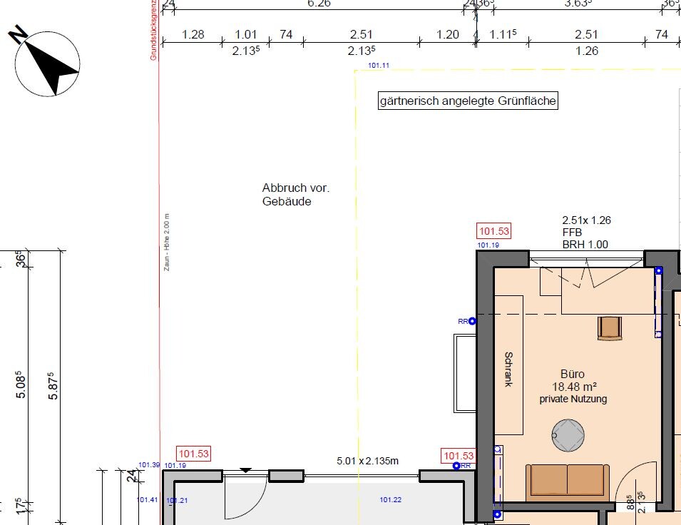 Lageplan: Büro 18,48 m² private Nutzung, gärtnerisch angelegte Grünfläche, Abbruchbereich