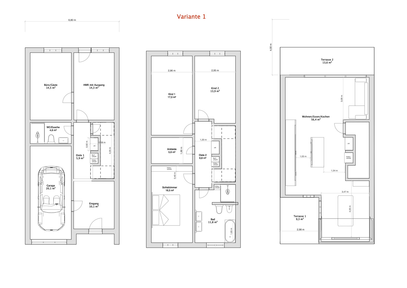 Grundriss Variante 1: Dreigeschossiger Plan mit Garage, Wohnküche und Terrassen.