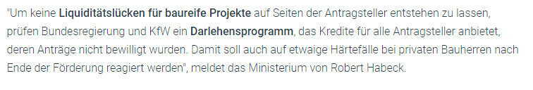 Screenshot eines Ministeriums-Texts zu einem KfW-Darlehensprogramm gegen Bau-Liquiditätslücken.