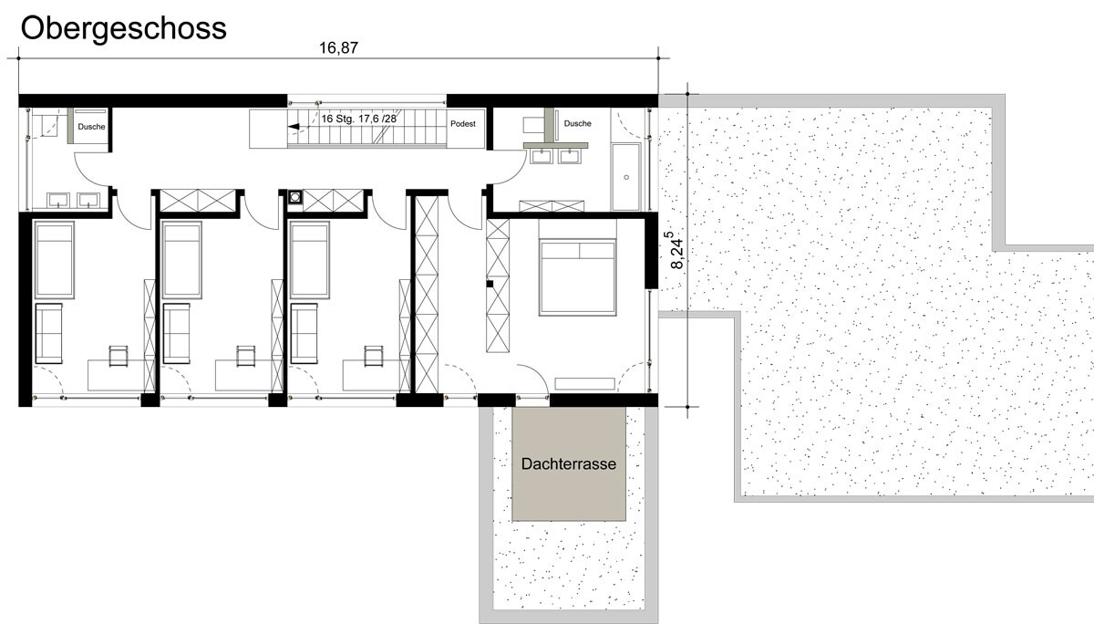 Obergeschoss Grundrissplan mit Zimmeraufteilung, Treppe und Dachterrasse