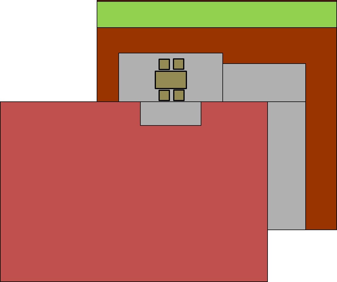 Schematischer Grundriss eines Hauses mit farblich kodierten Bereichen in Grau, Rot und Grün.