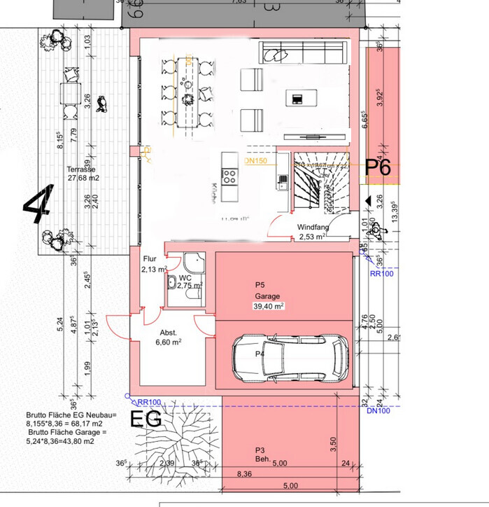 Grundriss Erdgeschoss: Küche, Ess- und Wohnbereich, Flur, Windfang, WC, Garage.