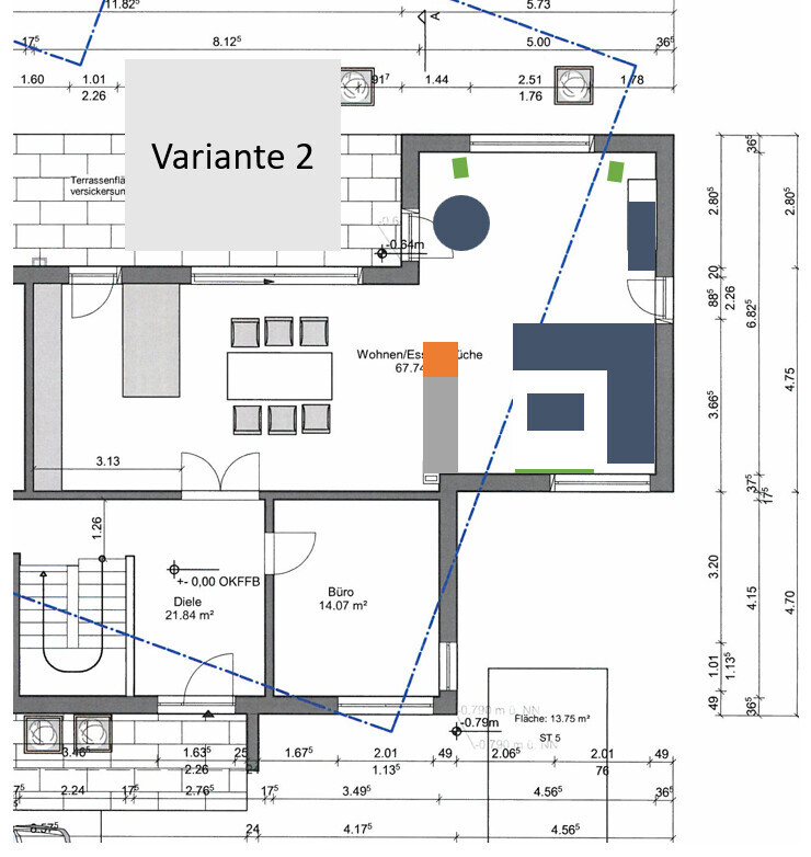 Grundriss eines Hauses mit Wohnen/Essen/Küche, Büro; Variante 2 markiert.