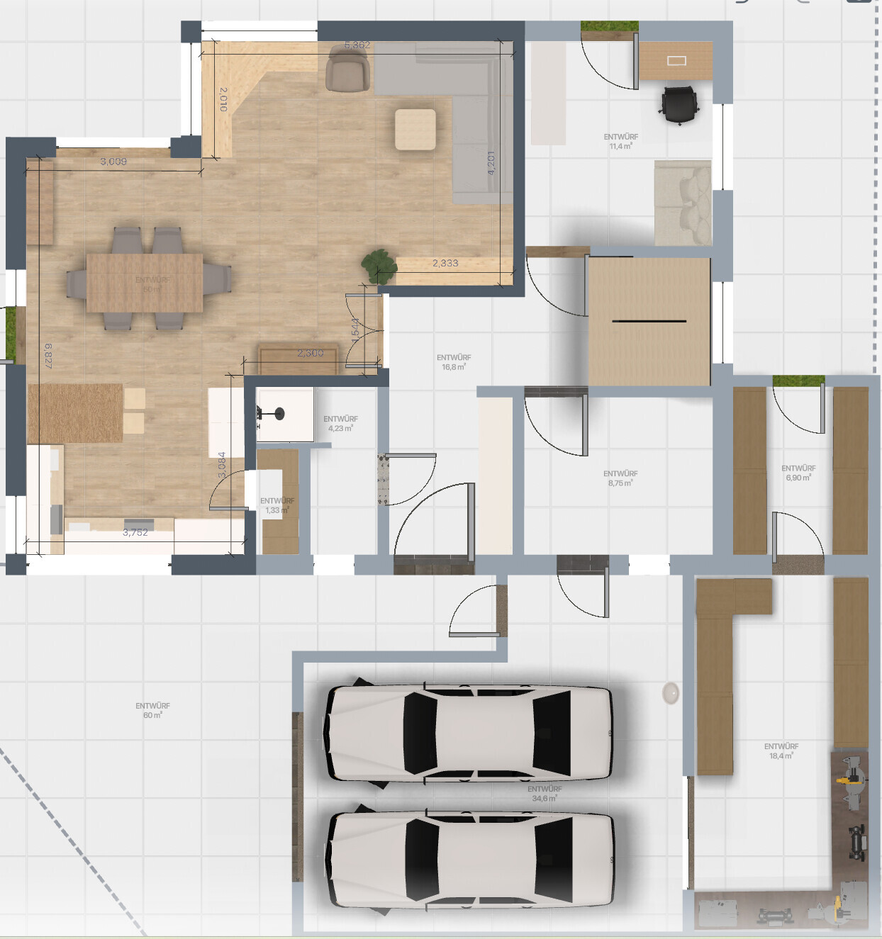 Grundriss eines Hauses mit Wohnzimmer, Küche, Essbereich, Schlafzimmer, Bad, Flur und Doppelgarage.