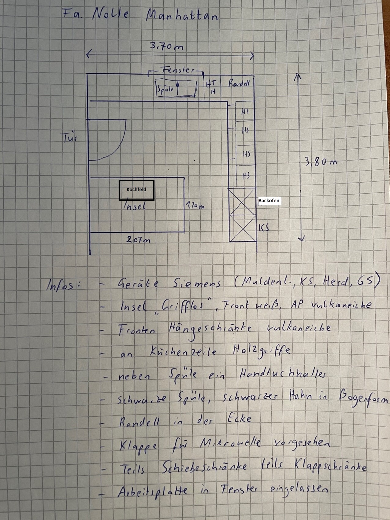 Skizzenhafte Küchenplanung im Grundriss: Insel, Kochfeld, Backofen, Kühlschrank, Fenster, Türen.
