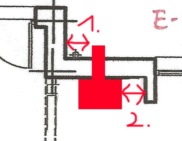 Architektengrundriss mit Wänden, Linien und roten Markierungen im Plan