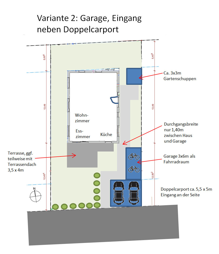 Grundrissplan: Haus mit Terrasse, Garage und Doppelcarport, Gartenschuppen ca. 3x3 m