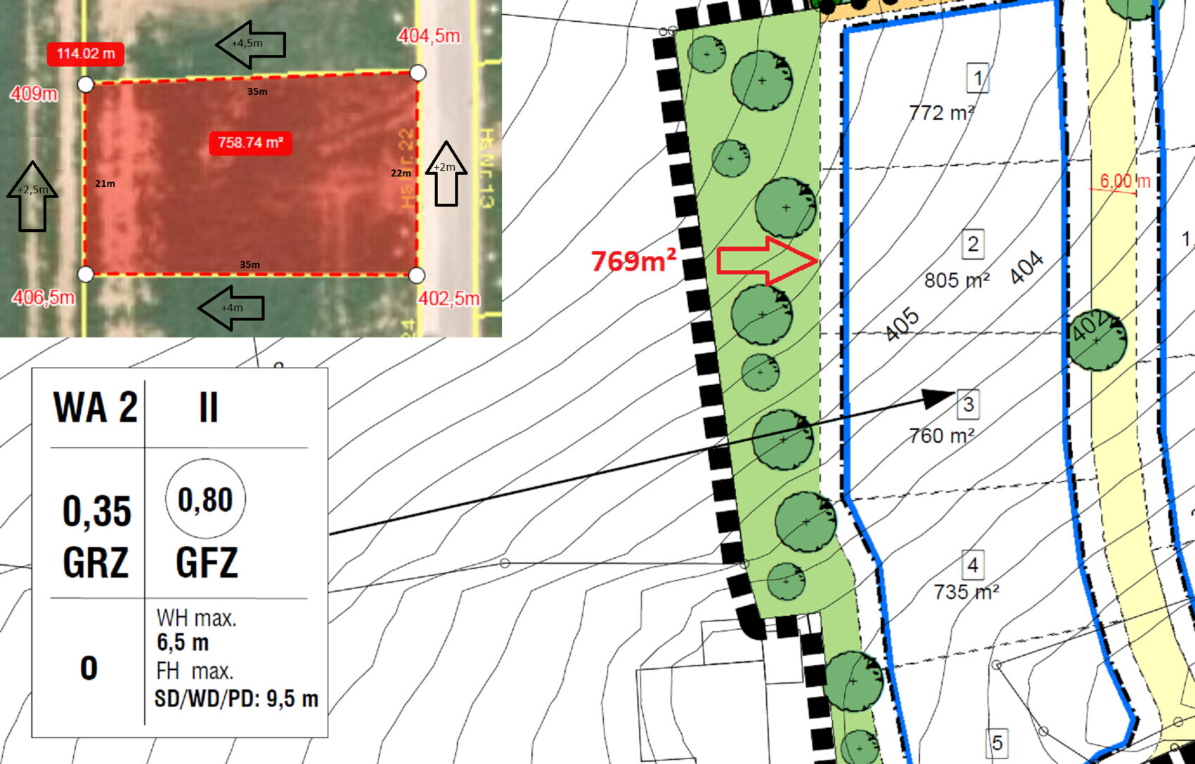 Lageplan eines Baugrundstücks mit Grundstücksgrenze, Bäumen und Abmessungen