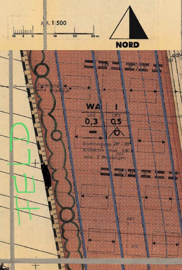 Topografische Karte mit Nordpfeil, blauen Parzellenlinien und Maßstab 1:500.