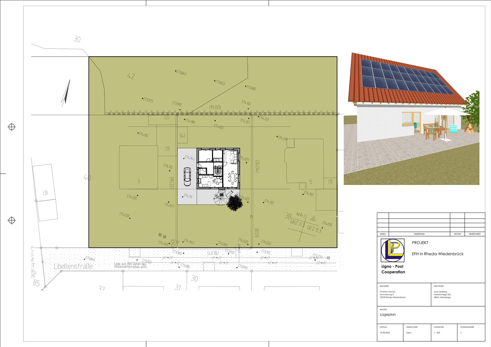 Lageplan eines Grundstücks mit Haus und Gelände; rechts 3D-Haus mit Solarpaneelen auf dem Dach.