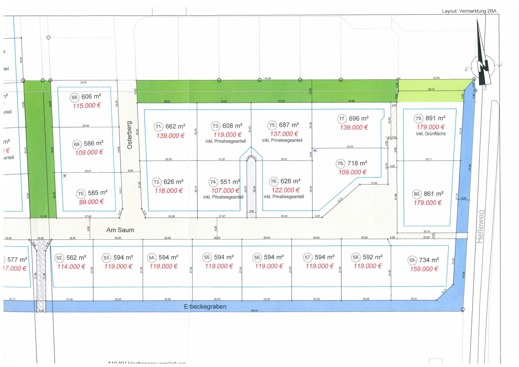 Lageplan eines Wohngebiets mit Parzellen, Straßen, Grünflächen und Preisen