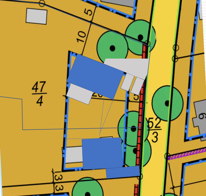 Technischer Lageplan mit gelber Fläche, grünen Kreisen und überlagerten blauen Rechtecken.