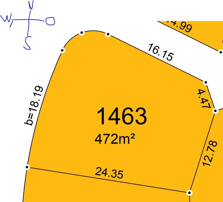 Gelb markierte Parzelle 1463, Fläche 472 m², Umriss mit Seitenlängenangaben.