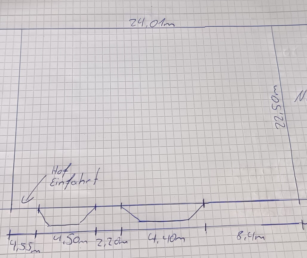 Handgezeichnete Rechteck-Skizze eines Hofplans mit Maßen; Eingang links unten.