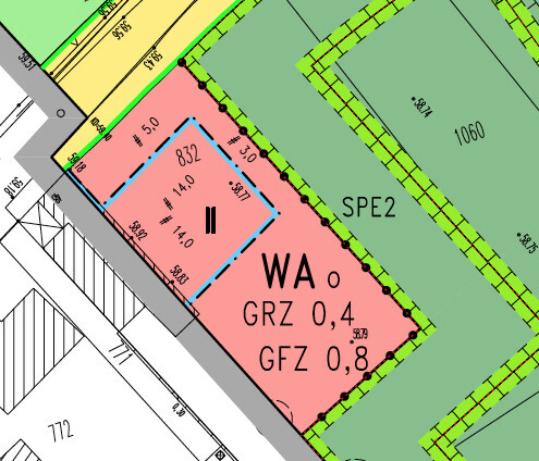 Lageplan eines Baugrundstücks mit Grundstücksgrenzen, GRZ und GFZ Markierungen