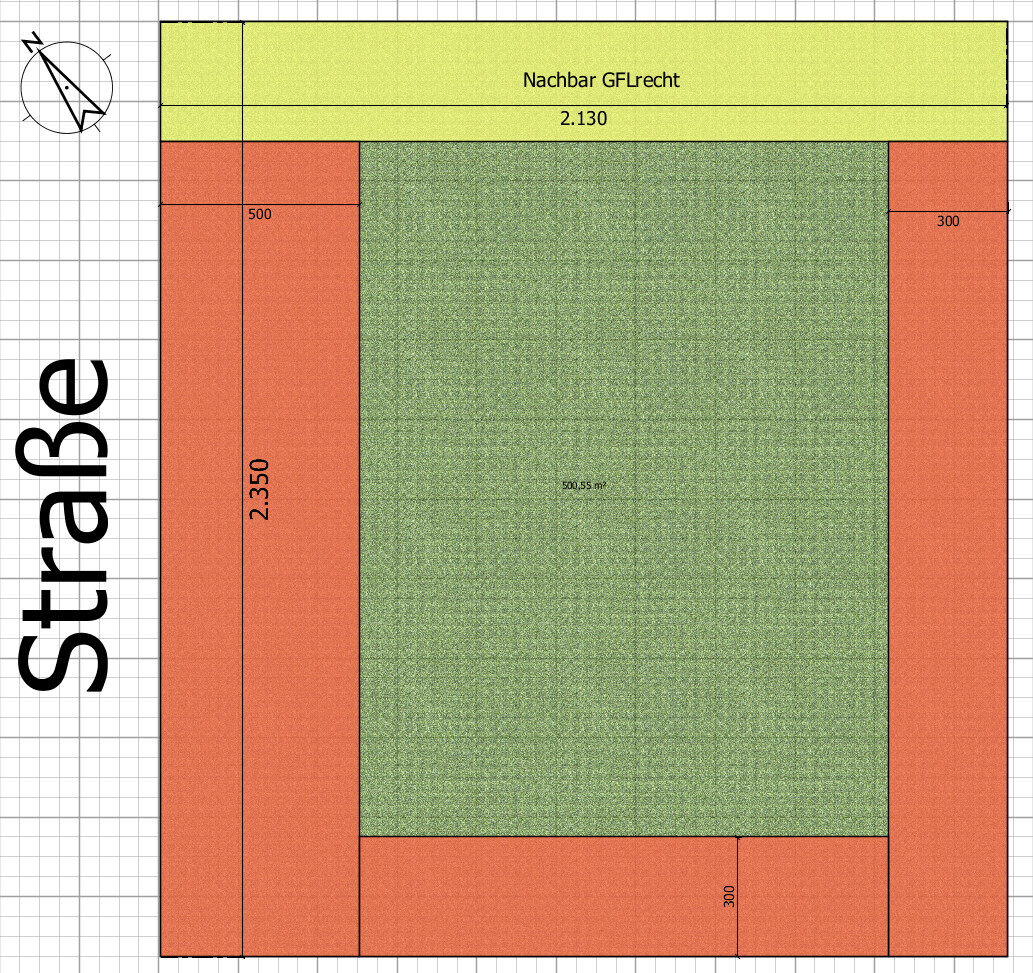 Grundriss: zentrale grüne Fläche (~500 m²) von rotem Rand umgeben; Kompass links.