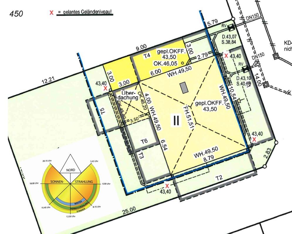 Lageplan mit gelb markierter Gebäudefläche, blaue Umrahmung, Maße, Diagramm unten links.