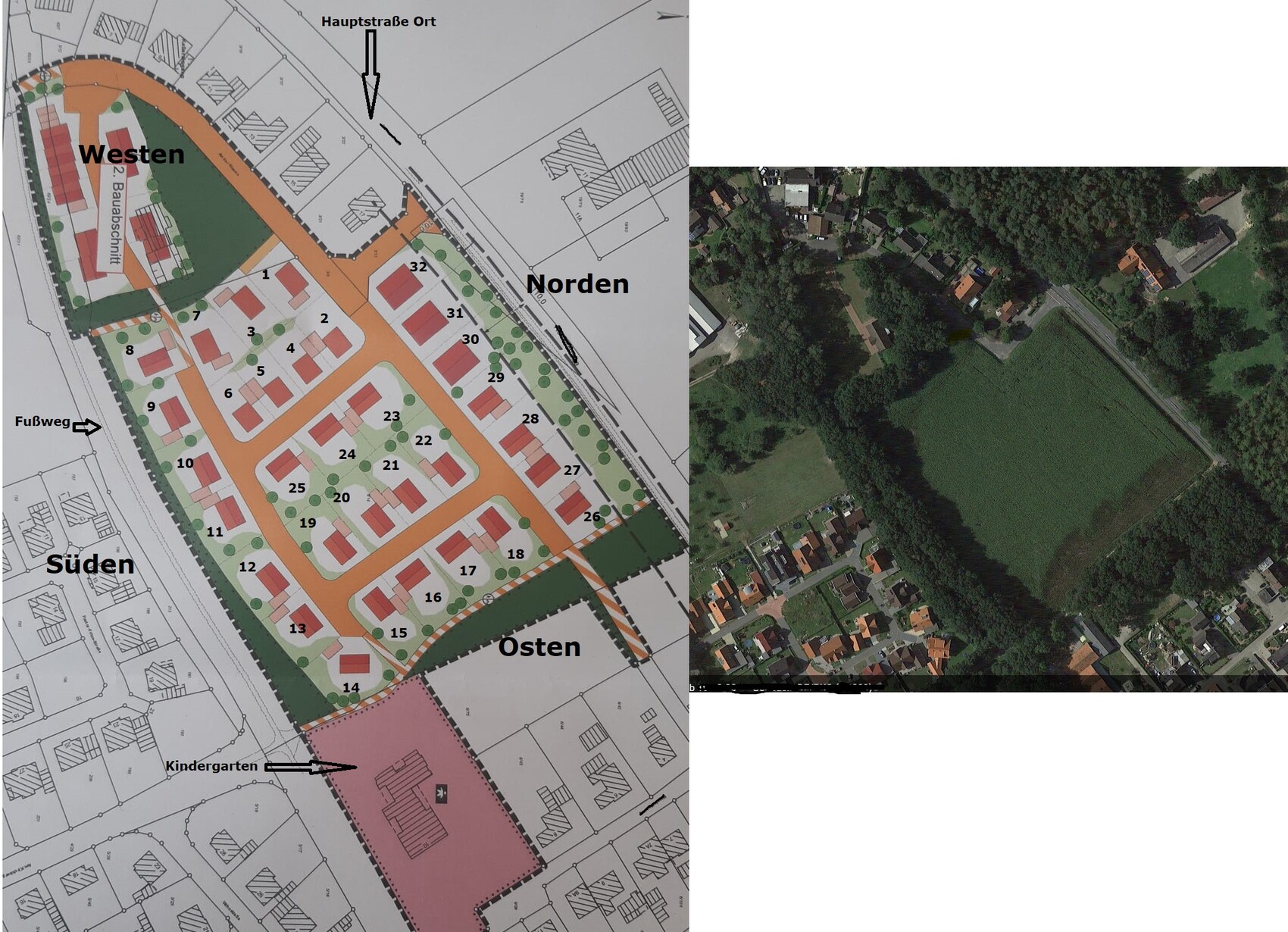 Links: Bebauungsplan mit nummerierten Grundstücken; rechts: Luftbild mit Häusern und Grünflächen.