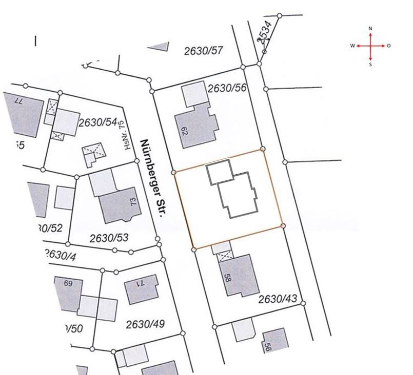 Lageplan eines Grundstücks mit Gebäuden, Grenzlinien und Straße