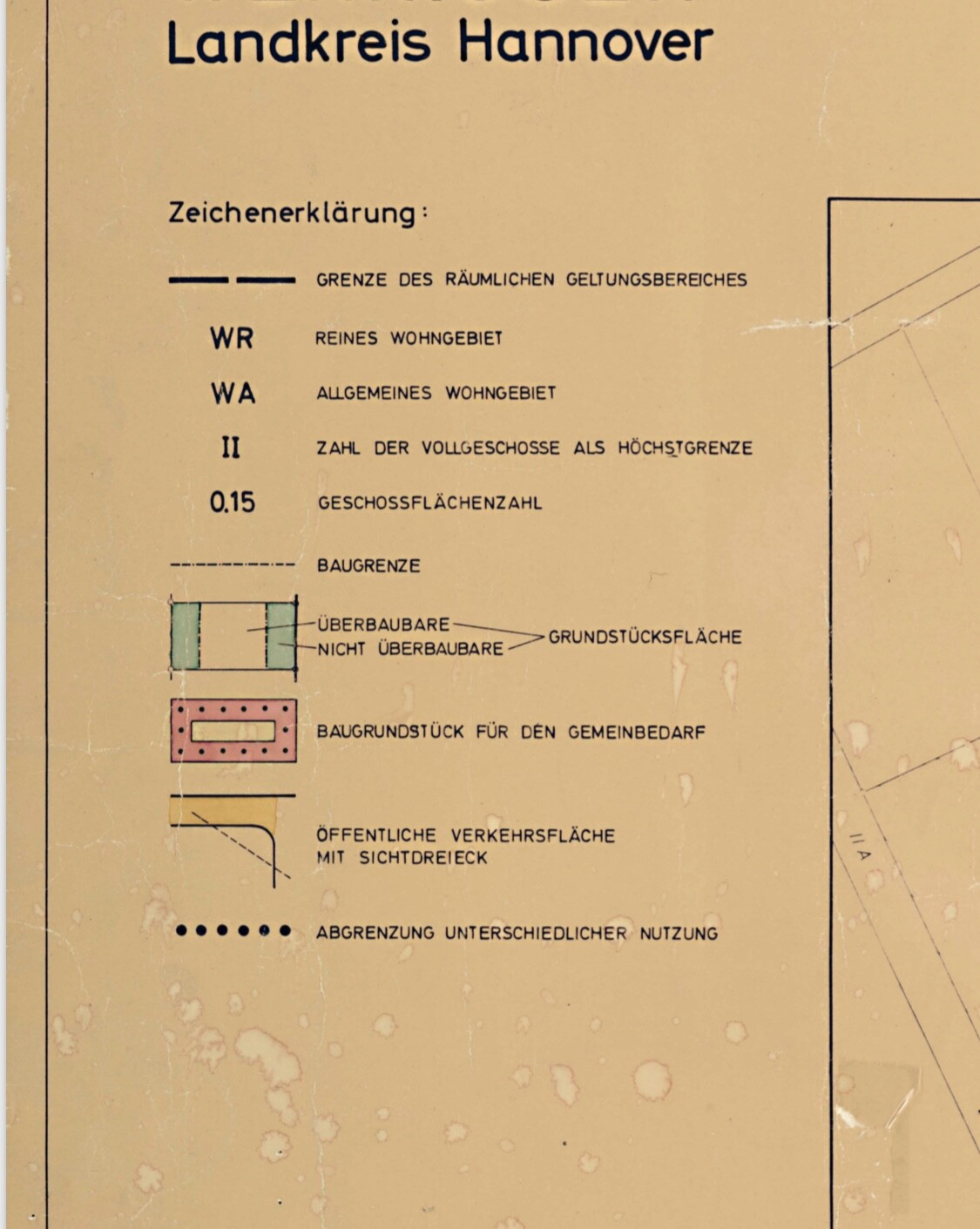 Dokument mit Zeichenerklärung zur Grundstücksgrenze und Grundriss im Landkreis Hannover