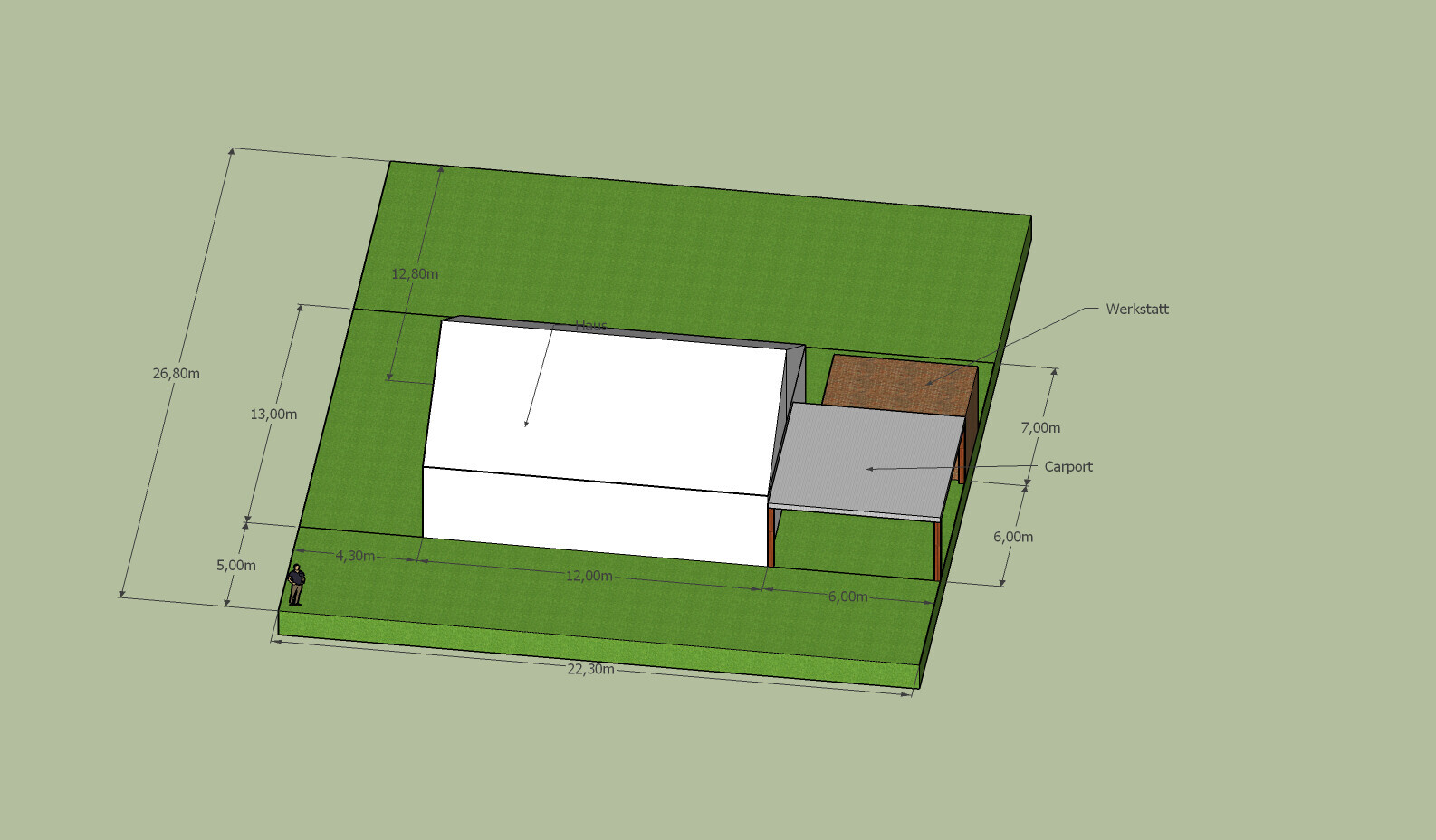 3D-Plan eines Hausgrundstücks mit Haus, Werkstatt, Carport und Grünfläche, Maßangaben.