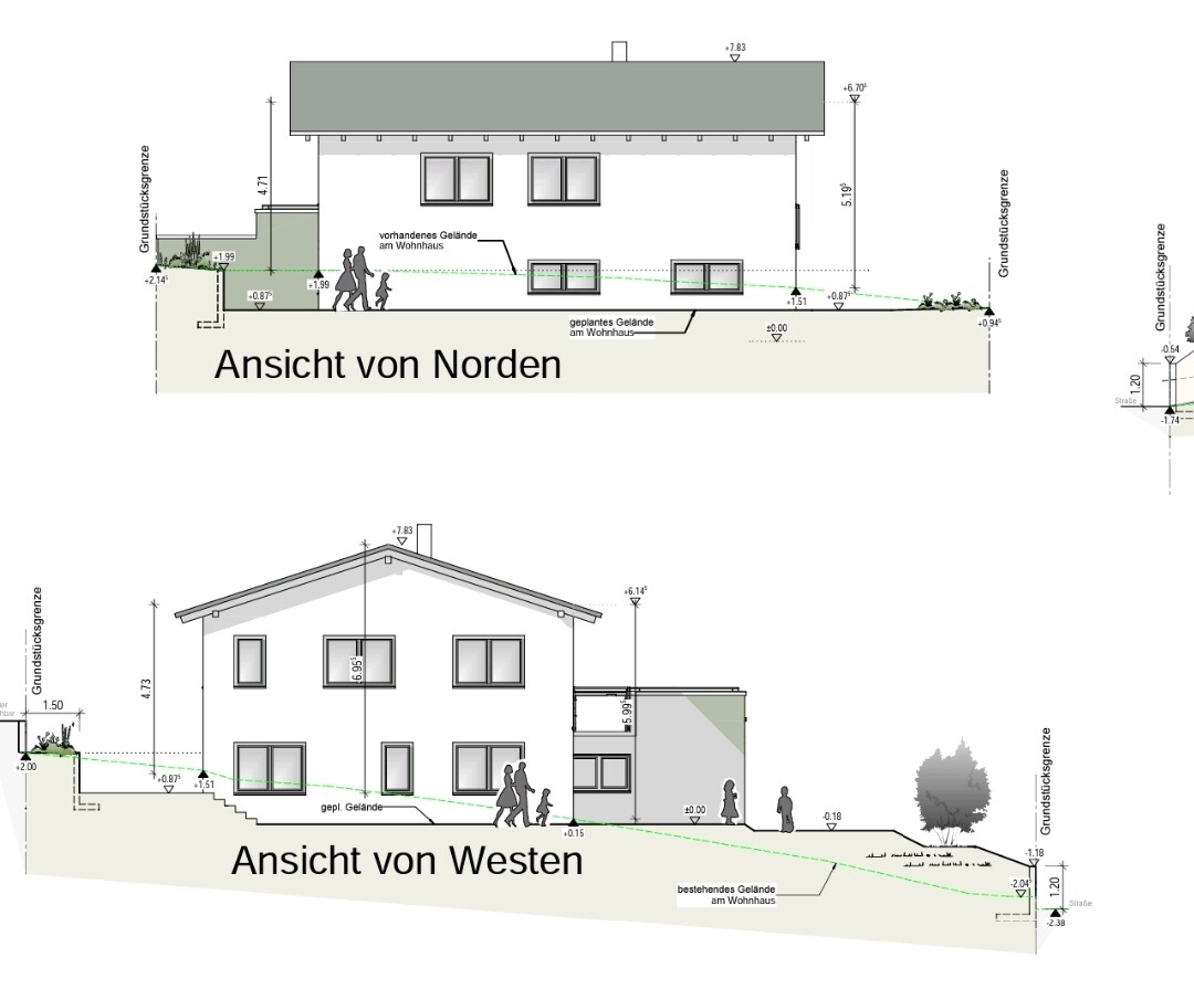 Architekturzeichnung zeigt Hausansichten Norden und Westen mit Gelände.