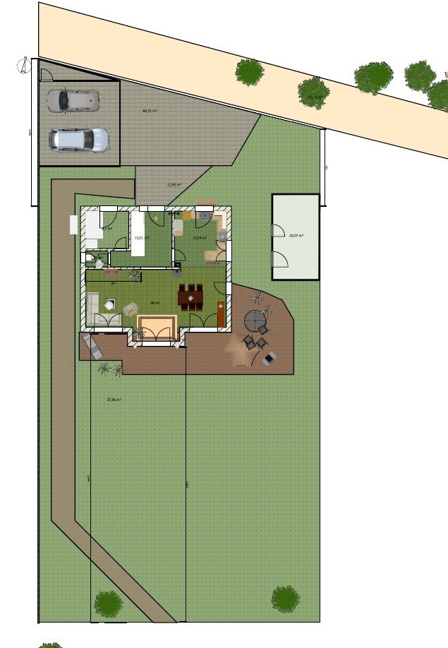 Grundriss eines Hauses mit Garten, Terrasse, Zufahrt und Garage mit zwei Autos.