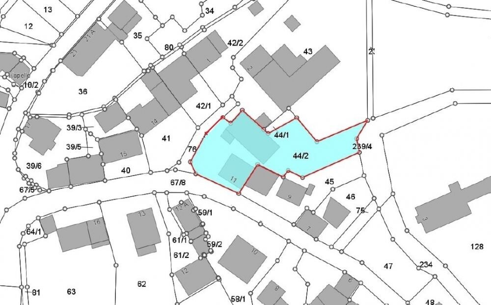 Lageplan eines Grundstücks mit blau markierter Parzelle und Gebäuden