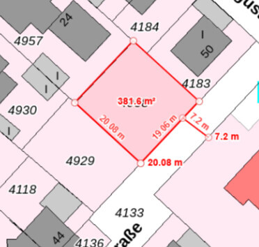 Katasterkarte eines Grundstücks mit rotem Umriss und Fläche 381,6 m²