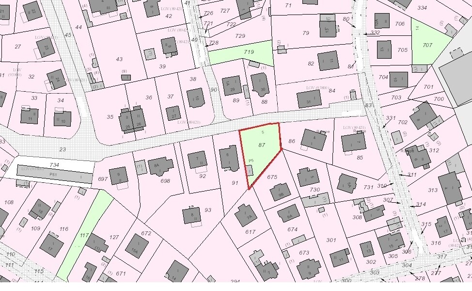 Lageplan mit Parzellen, rote Umrandung um Grundstück 87