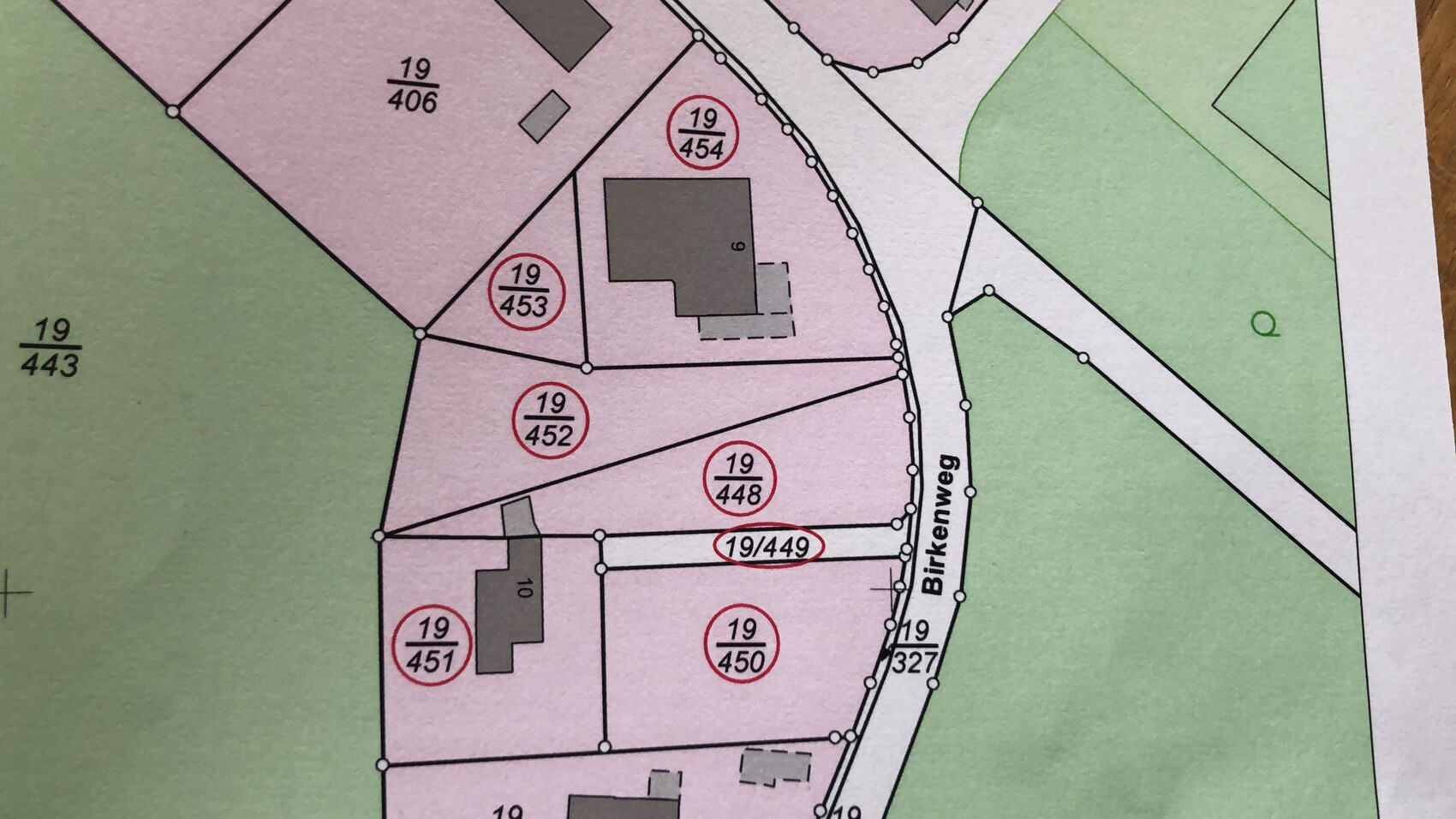 Katastralplan: rosa Parzellen mit roten Nummern (z. B. 19/452) entlang Birkenweg, grüne Flächen.