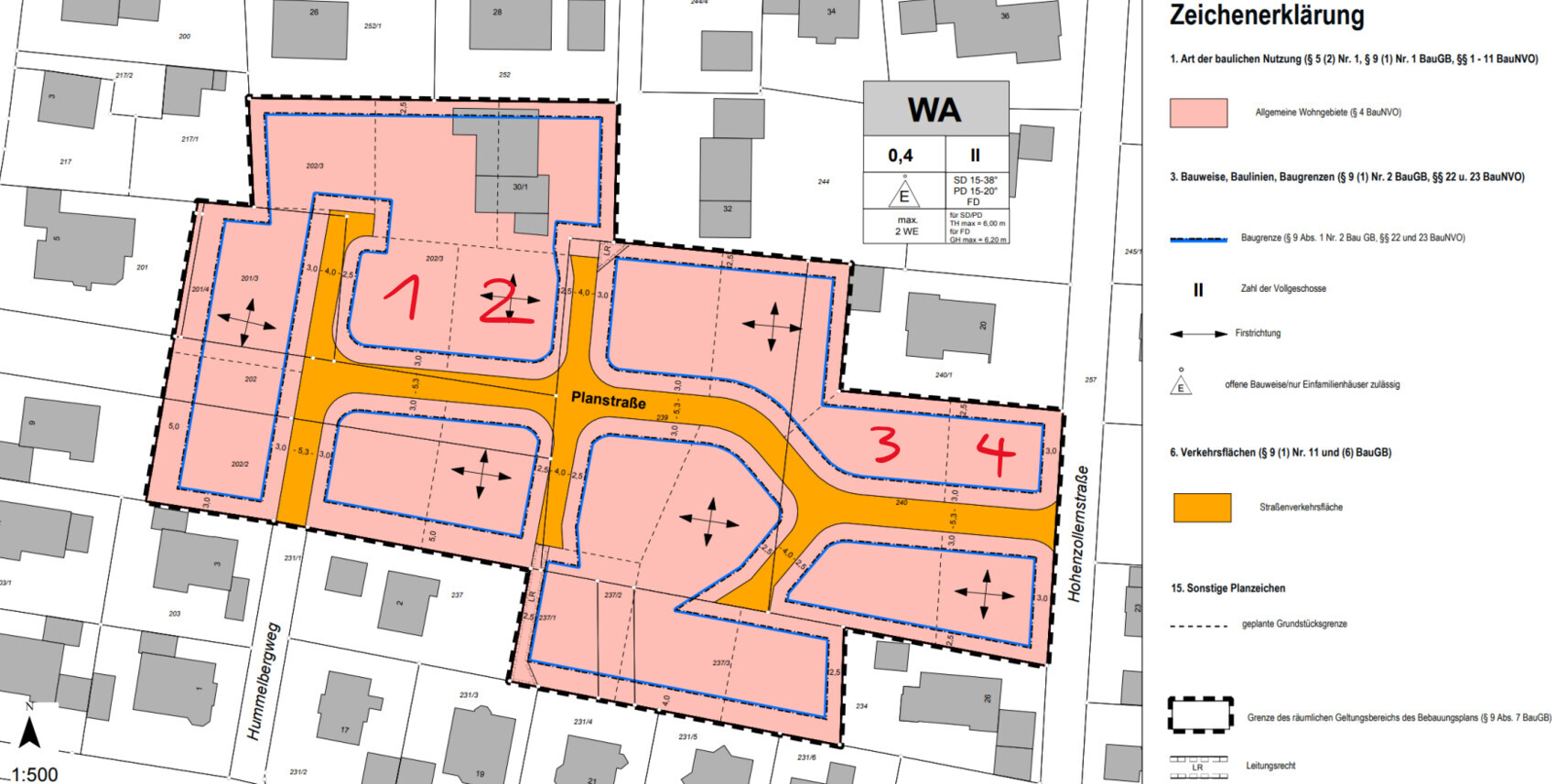 Lageplan eines Bebauungsgebiets mit vier Bereichen (1–4); orange Verkehrsfläche, rosa Bauzonen.