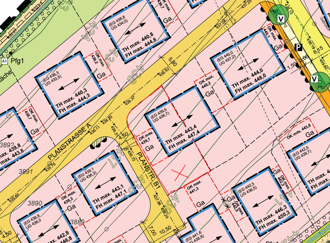 Bebauungsplan: gelbe Straßen, pinke Flächen, blaue Grundstücksrahmen mit Beschriftungen.