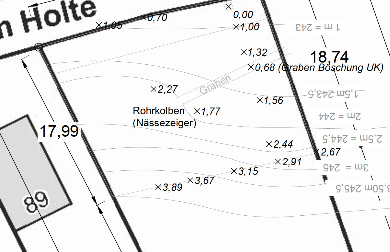 Topografischer Lageplan eines Grundstücks mit Geländekonturen und Vermessungslinien