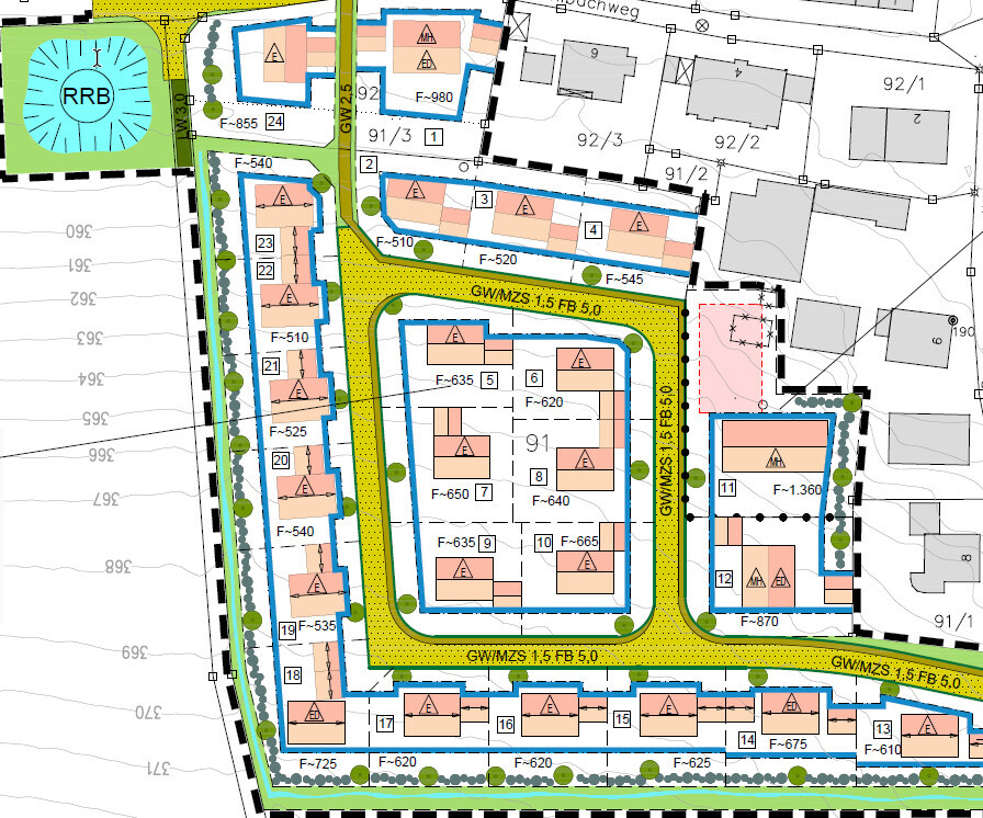 Lageplan eines Wohngebiets: Straßenring, Parzellen, Häuser, Grünflächen und RRB-Pool.