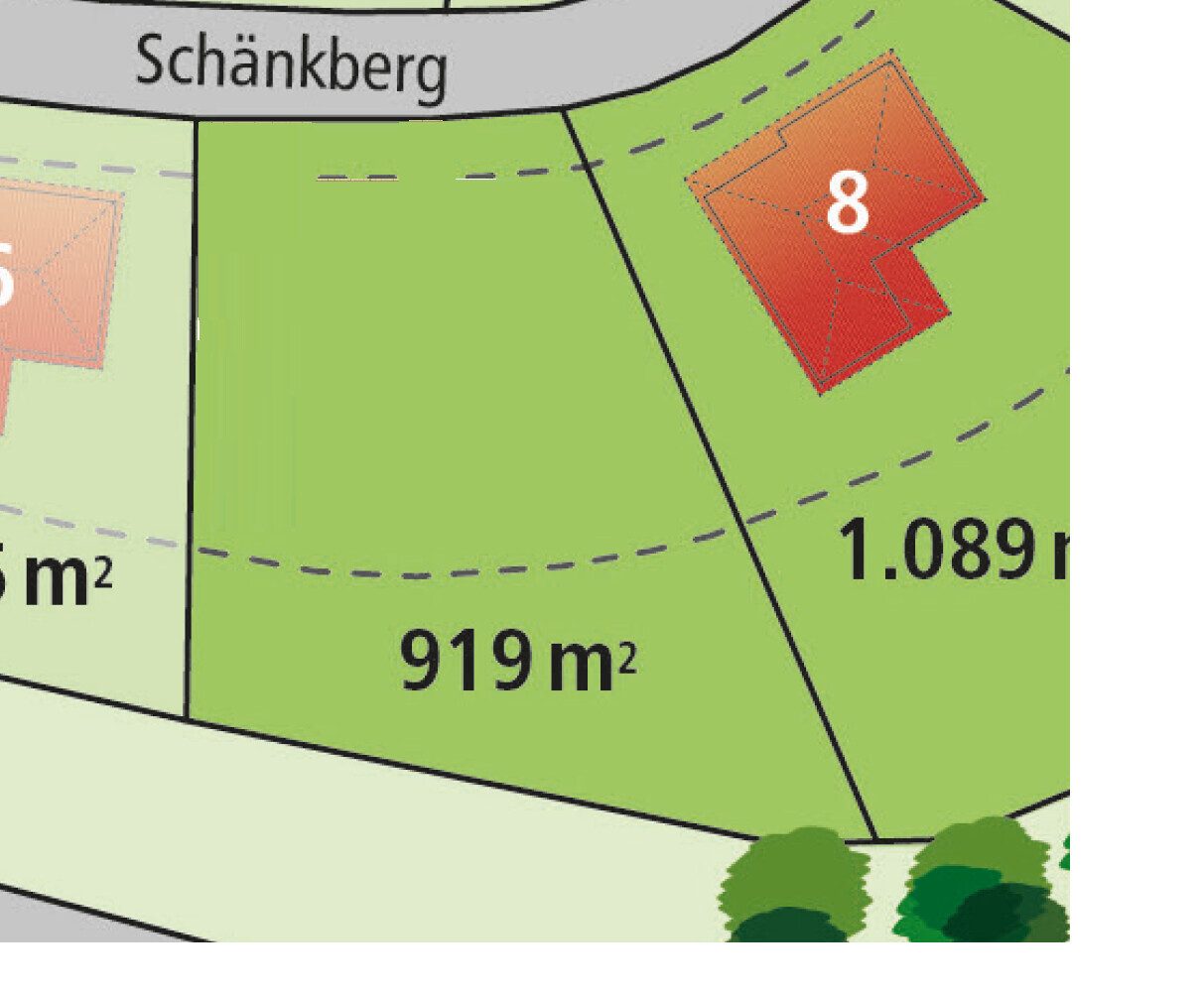 Lageplan: Parzelle 919 m², 1.089 m²; rotes Gebäude Nr. 8; Straße oben, Bäume unten.